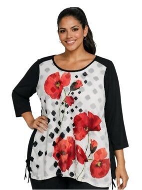 Chico’s Women’s Black & White Floral Long-Sleeve Top with Red Poppy Print